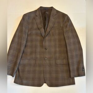 Jos A Bank Mens Size 42L Brown Black Plaid 100% Wool Sport Coat Blazer Jacket